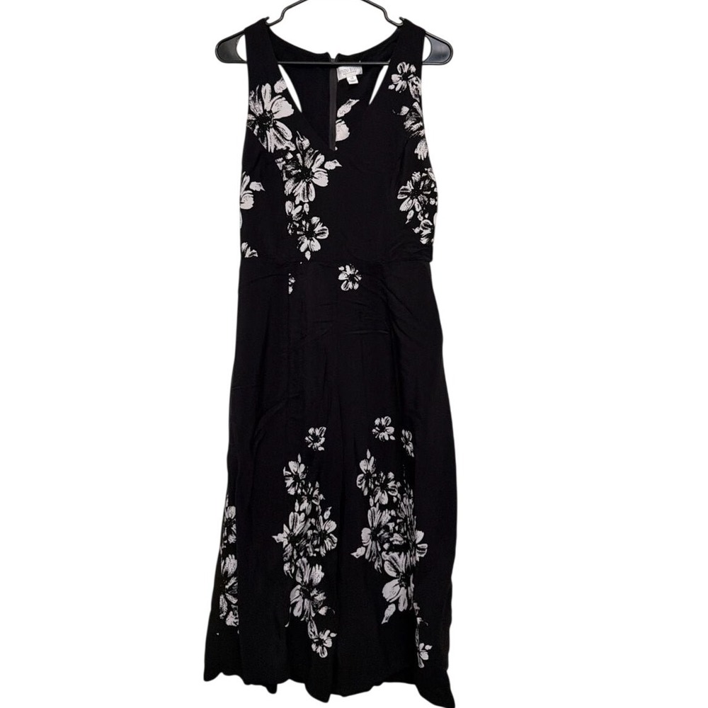 Bisou Bisou Michele Bohbot Floral Jumpsuit Black White V-Neck Wide Leg Size 12